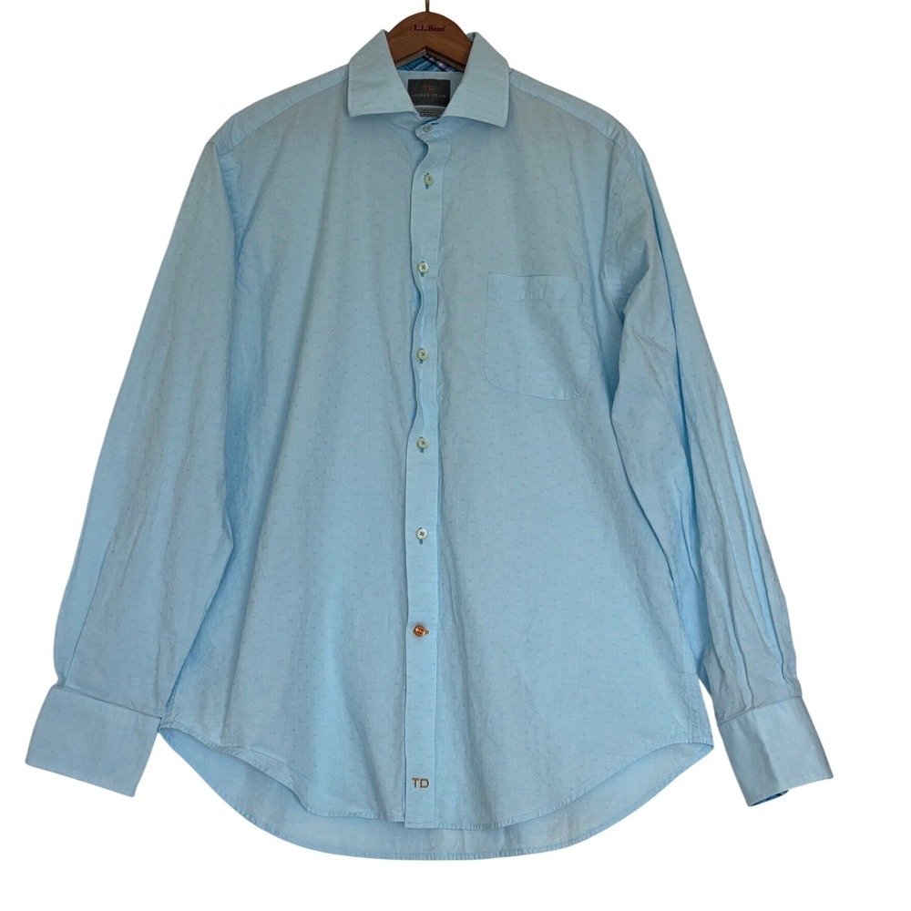 Thomas Dean Mens Light Blue Jacquard Plaid Trim Cotton Button Down Shirt Large